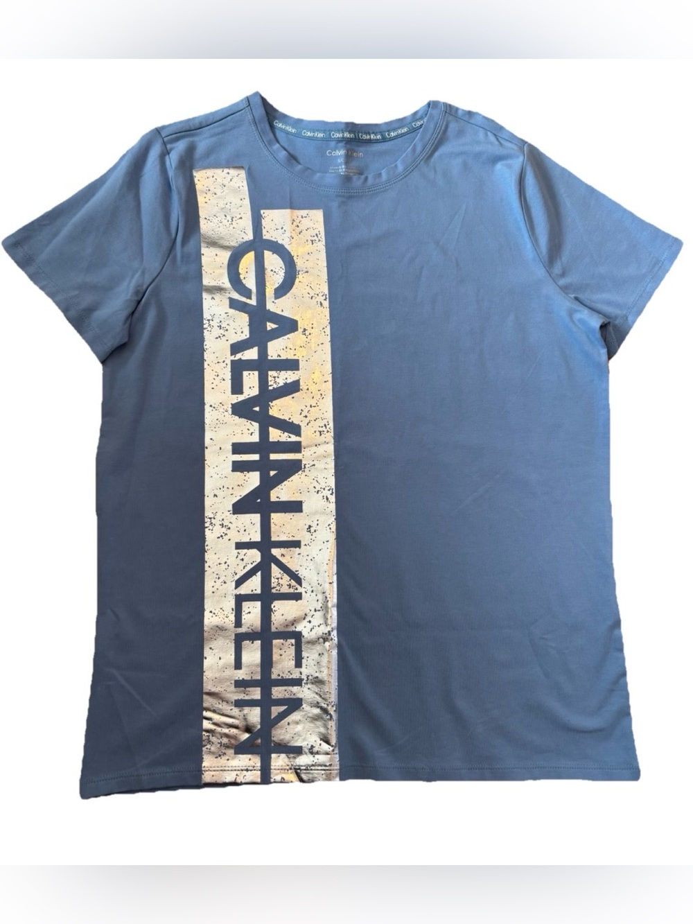 NWT Calvin Klein Light Blue Tee with Foil Logo Stripe - Small